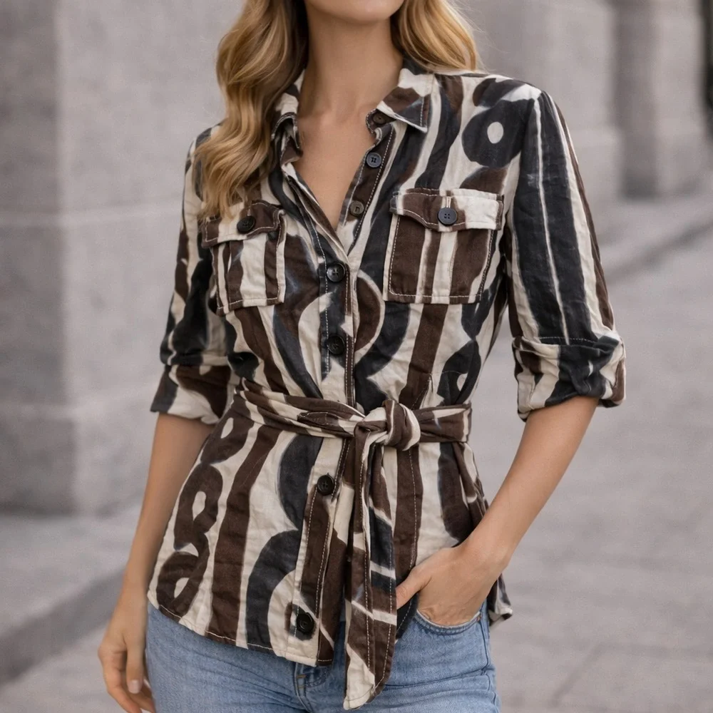 ZARA BASIC Printed Linen Tie Waist Shirt – Brown / Cream / Black – Size S - Picture 5 of 5